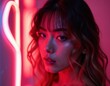 © DWIJ - Image of a pretty beautiful young woman posing over neon lights.