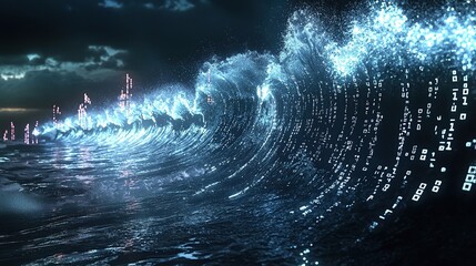 Abstract digital wave of binary code crashing over the horizon.