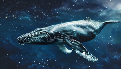 Whale gliding through a cosmic ocean of stars in a mesmerizing fantasy landscape