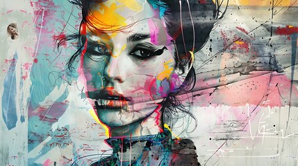 Vibrant abstract portrait of a woman's face with bold colors and dynamic brushstrokes.