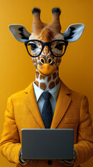 Canvas Print - A giraffe in a suit and glasses uses a laptop.