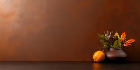 Rustic vase filled with colorful autumn leaves and a pumpkin on a table, creating a cozy thanksgiving ambiance