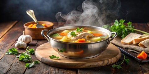 Wall Mural - Steaming bowl of homemade chicken soup on stovetop , comfort food, homemade, delicious, simmering, hearty, nutritious, warming