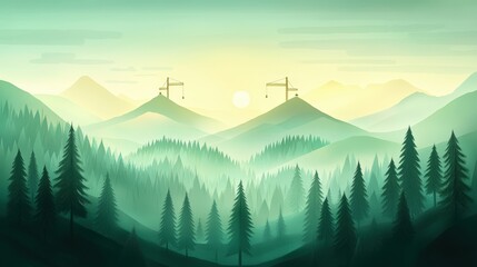 Misty Mountains with Construction Cranes in Sunrise Glow