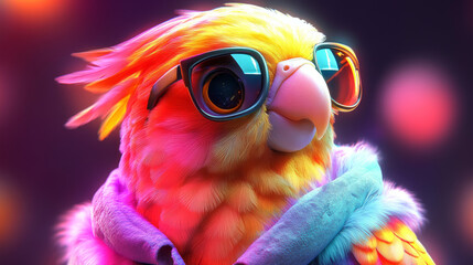 Sticker - A colorful parrot wearing sunglasses and a fuzzy jacket.