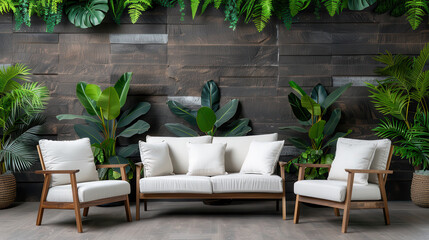 Canvas Print - Outdoor living room with white sofa and planter wall