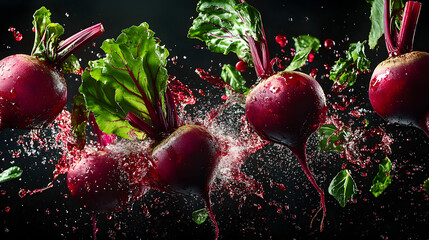 Poster - Dynamic Burst of Fresh Red Beetroots with Vibrant Greens in Mid-Air Splashing Juice Against a Black Background