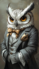 Sticker - A dapper owl in a suit and bow tie.