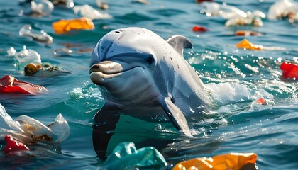 Wall Mural - Dolphins Navigating Hazardous Waters Filled with Plastic Waste: An Environmental Crisis