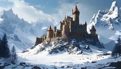 Wall Mural - Enchanted Castle Towering Over Snowy Fields and Majestic Mountains in a Fantasy Landscape