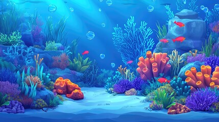 Wall Mural - Underwater Scene with Coral Reefs, Fish, and Bubbles