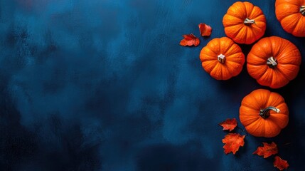 Wall Mural - pumpkins on dark blue background for micro stock image