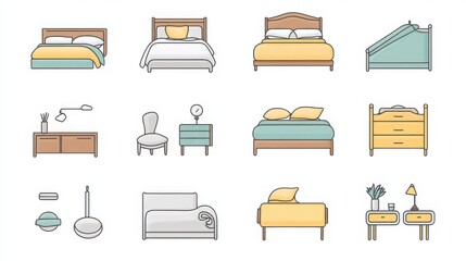 Wall Mural - Bedding thin line icon set. such as comforter, bed, pillow, blanket, mattress, duvet