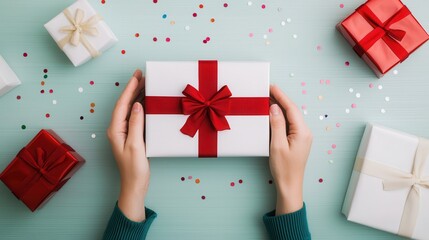 Hands holding a wrapped gift with red bow on a light table, colorful confetti around.