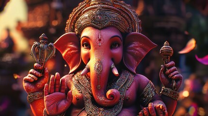 Sticker - Ganesha statue Holding modaka sweets on colorful background Emphasize his role in removing obstacles.