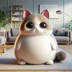 A cute fat cat with big eyes and a big head is sitting in the living room