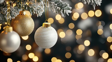 Festive Christmas Tree with Glittering Ornaments and Warm Bokeh Lights in the Background