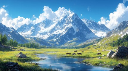 Sticker - A Tranquil Mountain Valley with a Serene Stream