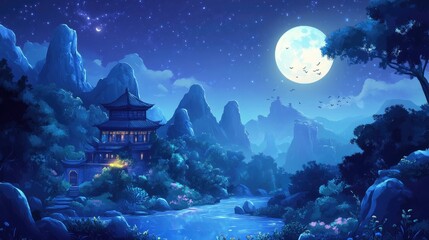 A Nighttime Scene of a Pagoda in a Mountainous Forest Under a Full Moon