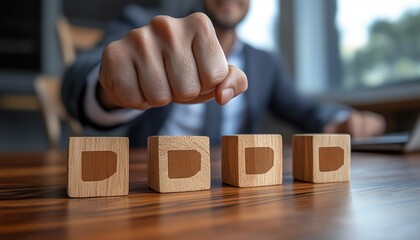 Poster - Option to approve or reject on wooden blocks with businessman working in background Document approval , project assessment evaluation acceptance, and quality assurance