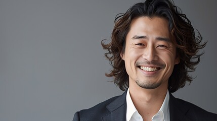 Poster - Portrait of a smiling man in a suit with long, brown hair, against a gray background.