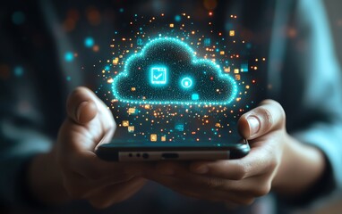 Fototapete - Backup concept, Businessman use smartphone with virtual Cloud backup icon for data backup management Online digital data storage and connection service