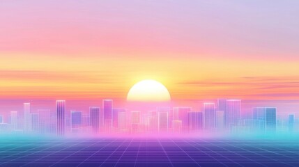 A digital sunset over a wireframe cityscape with glowing neon colors and abstract geometric shapes