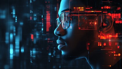 Poster - artificial intelligence cyber security threat illustration concept AI banner Male IT specialist analysing data information technology privacy leaks AR artificial intelligence