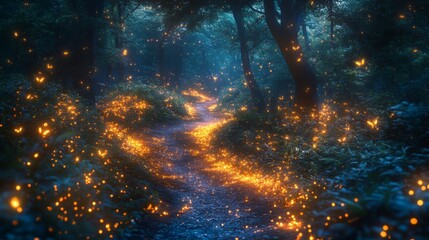 Wall Mural - Enchanted Forest Path Illuminated by Fireflies