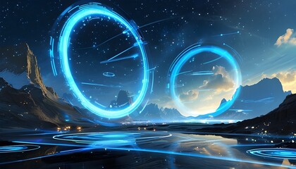 Futuristic landscape with glowing blue space, digital circles, and starry patterns representing energy and the passage of time in an innovative world