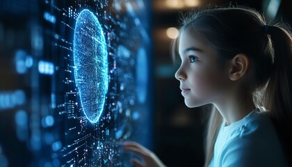 Fototapete - School student working on computer using AI artificial intelligence technology  machine learning Interactive technology in classroom Innovation  smart tech AI blue holographic data