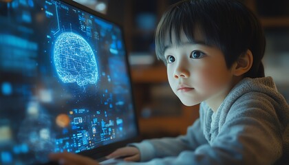 Fototapete - School student working on computer using AI artificial intelligence technology  machine learning Interactive technology in classroom Innovation  smart tech AI blue holographic data