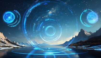 Wall Mural - Futuristic landscape with glowing blue space, digital circles, and starry patterns representing energy and the passage of time in an innovative world