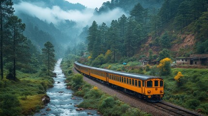 Sticker - Yellow Train Winding Through a Misty Mountain Valley