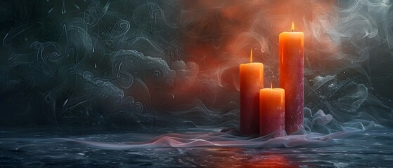 Wall Mural - Lit candles on dark abstract backdrop.
