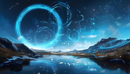 Wall Mural - Futuristic landscape with glowing blue space, digital circles, and starry patterns representing energy and the passage of time in an innovative world