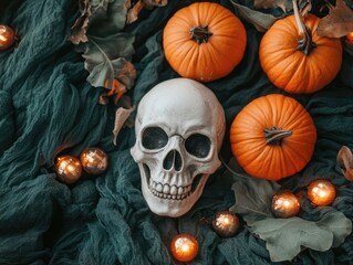 Sticker - Halloween themed flat lay with pumpkins and skull