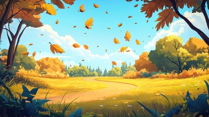 Wall Mural - A Winding Path Through Autumnal Forest With Falling Leaves