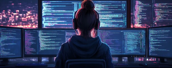 Fototapete - Programmer Woman Coding On Multiple Computers
