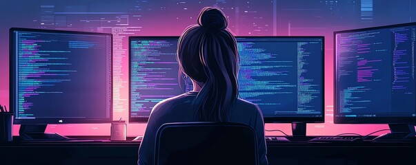 Fototapete - Programmer Woman Coding On Multiple Computers