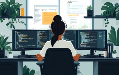 Fototapete - Programmer Woman Coding On Multiple Computers
