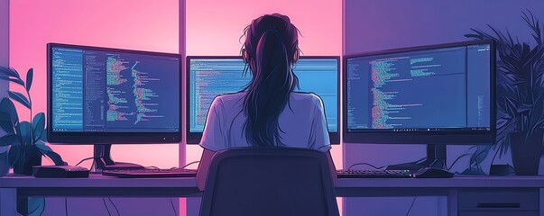 Fototapete - Programmer Woman Coding On Multiple Computers