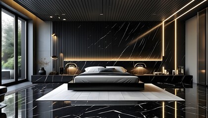 Wall Mural - Sophisticated master bedroom showcasing modern interior design with minimalist lamps, black marble flooring, and elegant linear ceiling lights