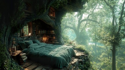 Poster - Enchanted Forest Treehouse Bedroom - Dreamy Nature Escape