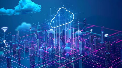 a digital cityscape with cloud computing elements and data connections.