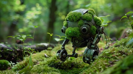 A small robot covered in moss exploring a lush forest environment.