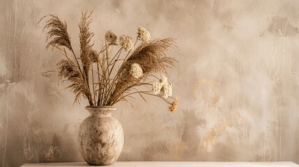 Wall Mural - Dried flowers in a rustic vase against a beige textured wall.