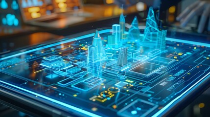 Holographic display showing the blueprint of a futuristic smart city