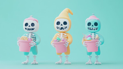 Wall Mural - Three skeletons holding a basket of candy