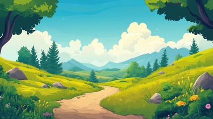 Wall Mural - Winding Path through a Verdant Valley with Mountain Views